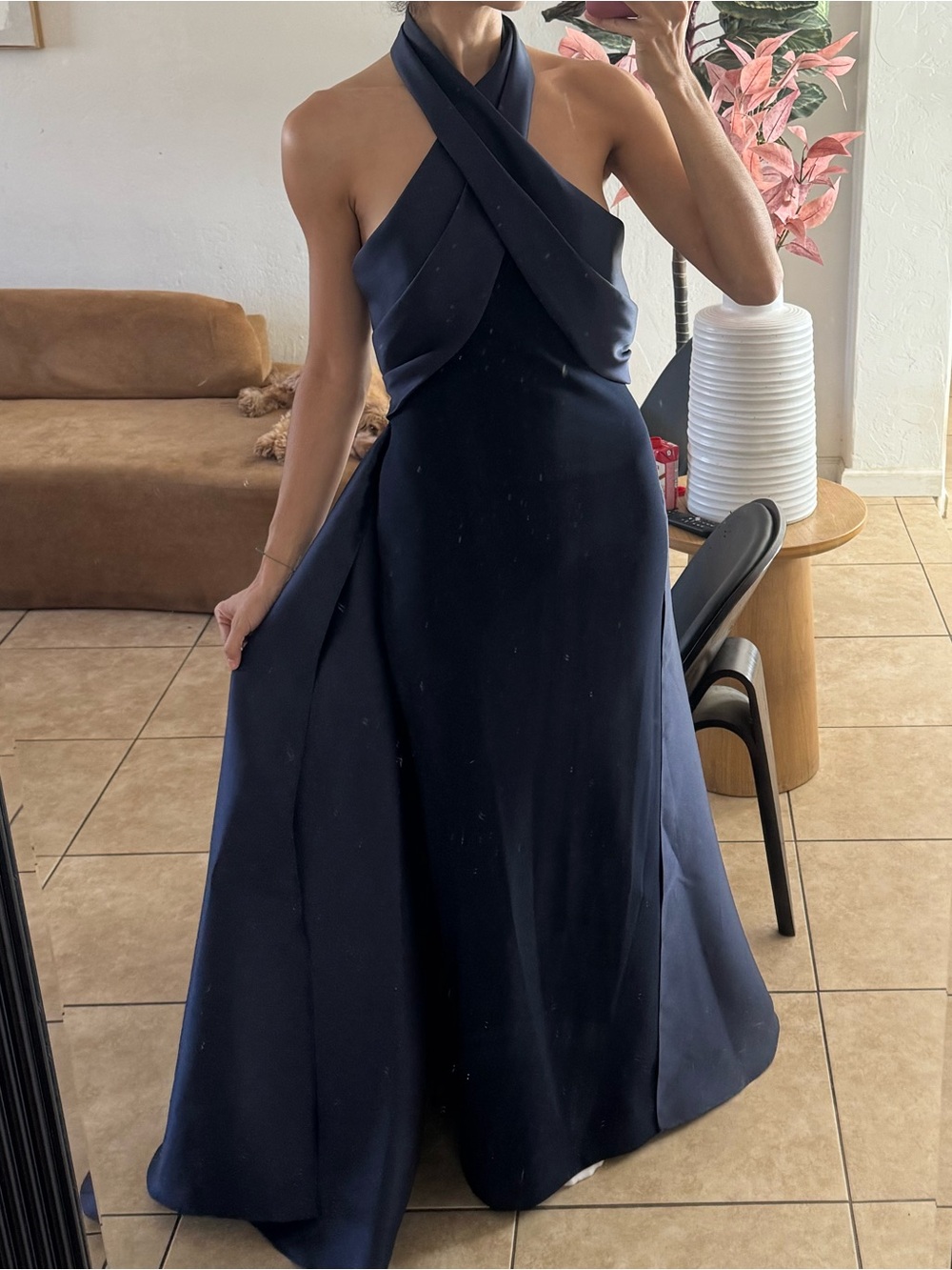 Elegant Navy Halter Cross-Front Evening Dress